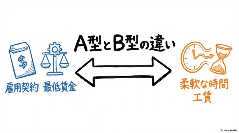 富山市の就労継続支援A型事業所とは?利用するメリットと特徴の図解。A型とB型の雇用形態と給与体系の違いを、VS図で表現した画像。