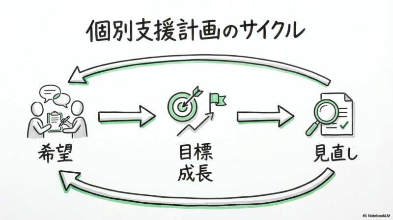 個別支援計画の図解。アセスメントから計画策定、モニタリングまでの循環プロセスを、3ステップ図で表現した画像。