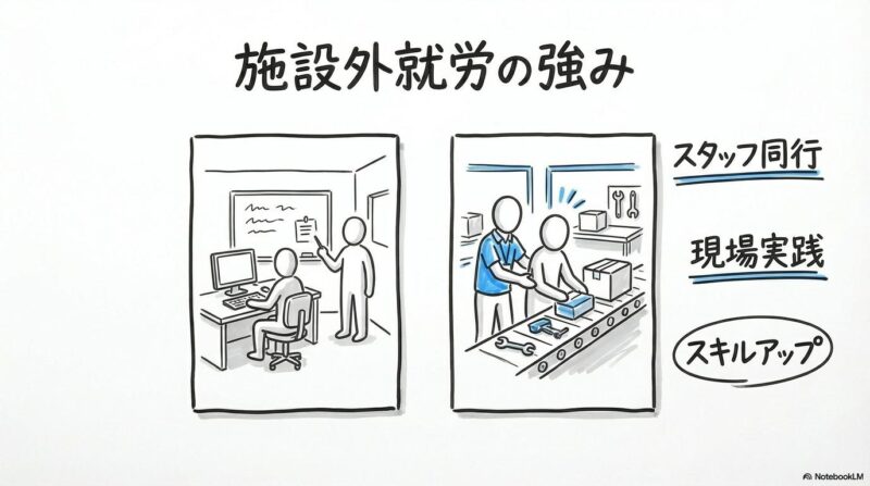 施設外就労の図解。事業所内訓練と外部企業での実践の違いを、カード型で表現した画像。