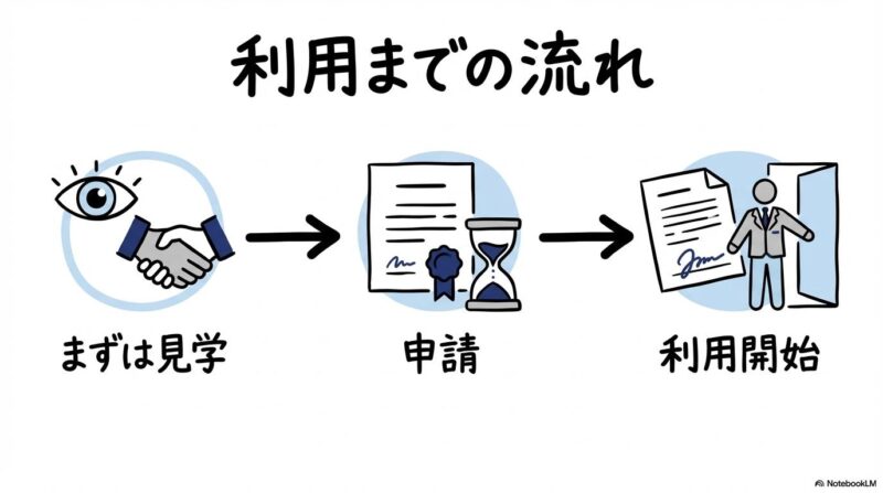 利用手続きの流れの図解。見学から申請、利用開始までの標準的なプロセスを、3ステップ図で表現した画像。