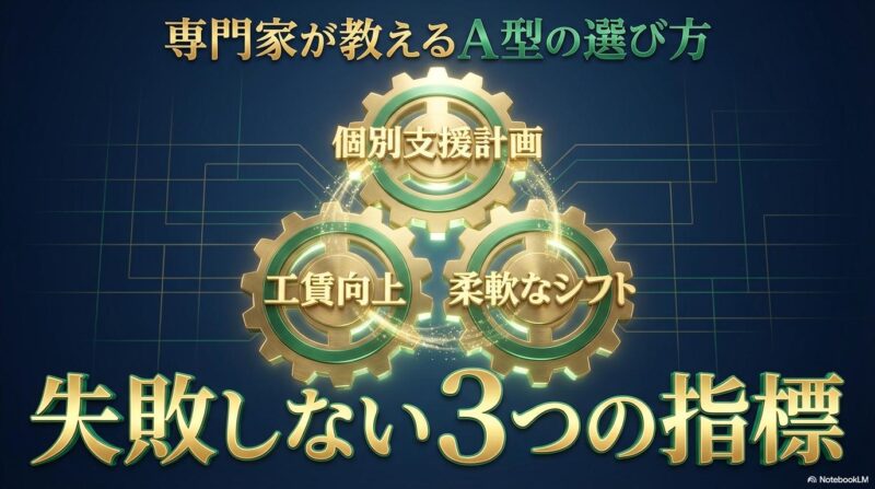 個別支援計画や工賃向上などの専門指標が連動する様子を表現した3Dインフォグラフィック。この記事のテーマである「富山市 就労継続支援A型」を客観的な指標で選ぶ重要性を示す一枚。