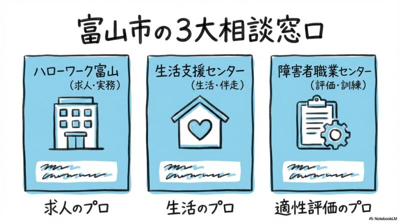 富山市内の主要な相談窓口の図解。ハローワーク、生活支援センター、職業センターの役割の違いを、カード型で表現した画像。