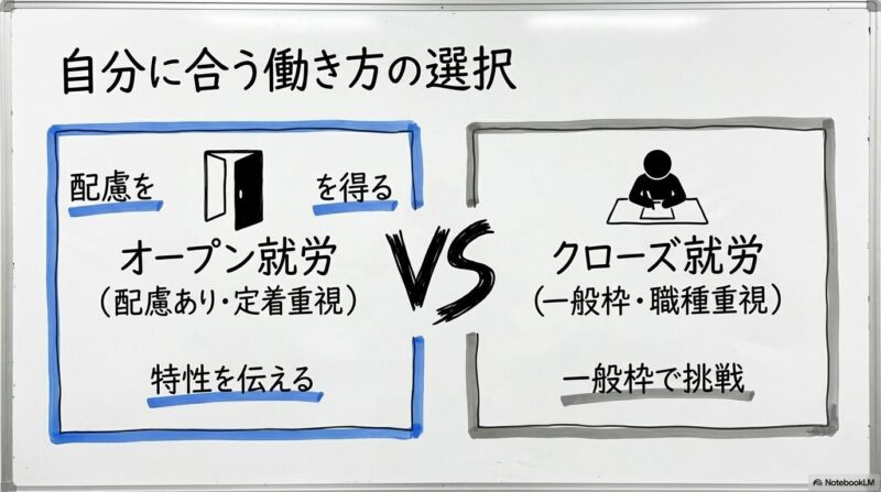 オープン就労とクローズ就労の比較図解。それぞれのメリットと特徴を、VS図で表現した画像。