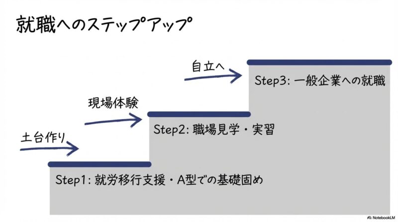 就職までのステップアップの図解。福祉的就労から一般就労へ移行する流れを、3ステップ図で表現した画像。