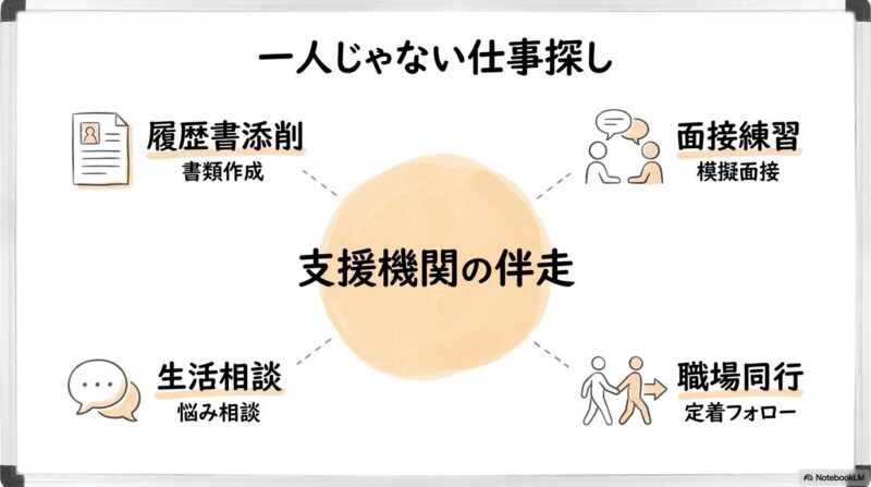 支援機関による具体的なサポート内容の図解。履歴書作成から面接練習、定着フォローまでを、センター配置で表現した画像。