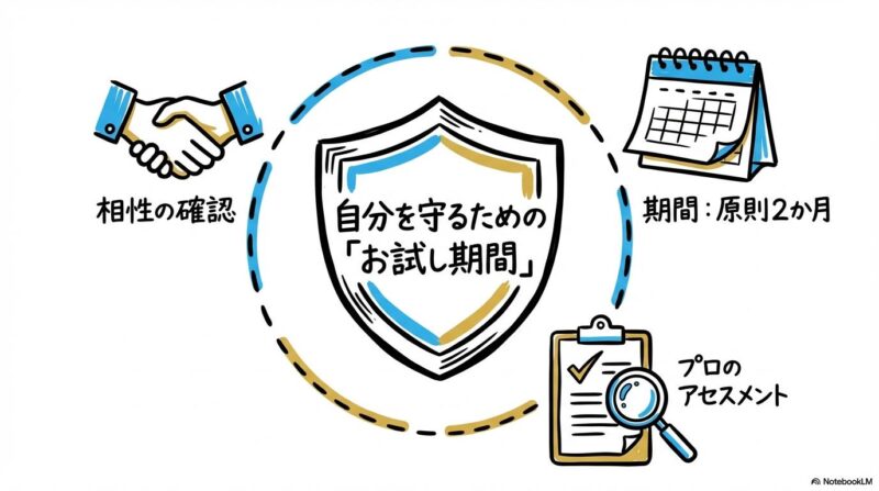 就労継続支援A型の暫定支給決定の図解。中央にコンセプトを置き、お試し期間やプロのアセスメントによるマッチング確認の関係性をセンター配置で表現した画像。