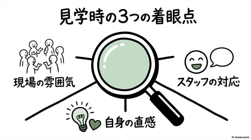 事業所見学時のチェックポイントの図解。雰囲気やスタッフの対応などの着眼点をセンター配置で表現した画像。