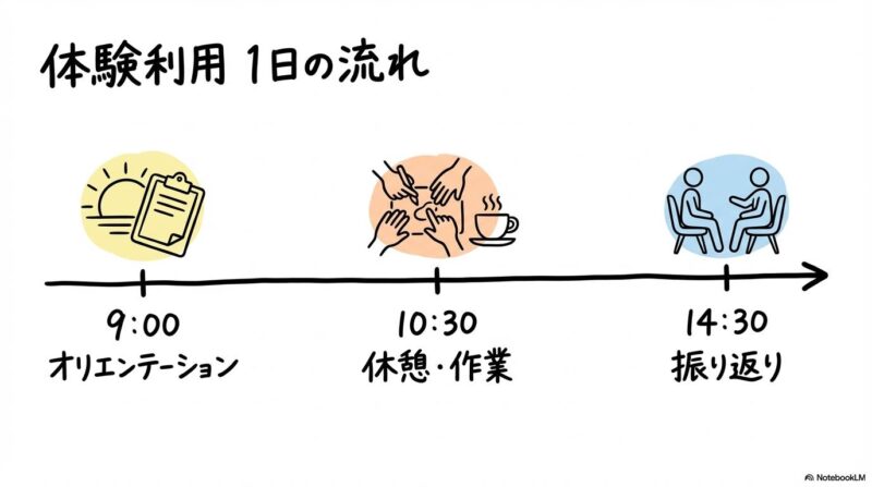 A型事業所の体験利用における1日のスケジュールの図解。朝から夕方までの具体的な流れを3ステップ図で表現した画像。
