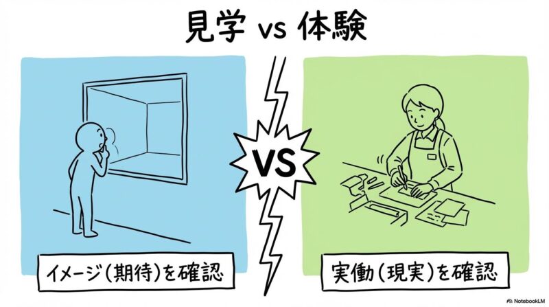 見学と体験利用の違いの図解。期待値の確認と実働による適性評価の差異をVS図で表現した画像。