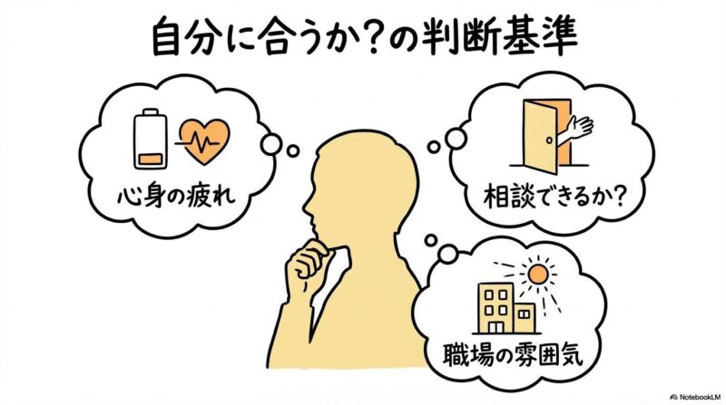 体験利用後の振り返りポイントの図解。疲れや安心感などの判断基準をセンター配置で表現した画像。