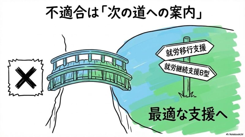 A型事業所が不適合だった場合のセーフティネットの図解。次の選択肢への移行をカード型で表現した画像。