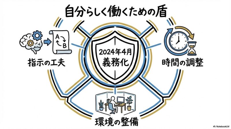 合理的配慮の概念図。2024年4月の義務化を軸に、指示や時間の調整が利用者の働きやすさを支える仕組みをセンター配置で表現した画像。