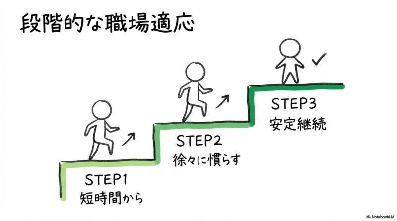 短時間勤務からのステップアップ図。週10時間から段階的に職場に慣れていくプロセスを3ステップ図で表現した画像。
