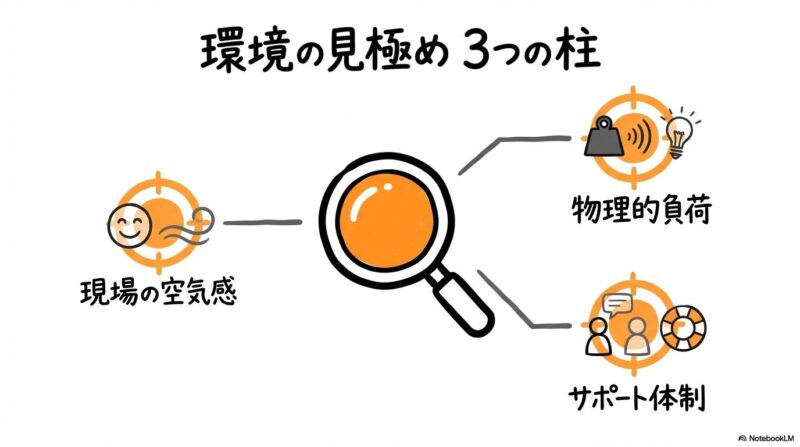 職場環境の見極めポイントの図解。空気感や感覚負荷などのチェック項目をセンター配置で表現した画像。