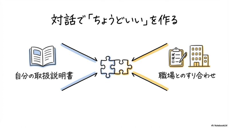 事前相談のイメージ図。自分の特性と職場の業務を対話ですり合わせる様子を、VS図（またはパズル）の構図で表現した画像。