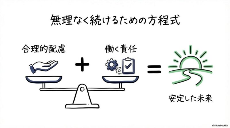 配慮と責任のバランス図。合理的配慮と仕事の責任が組み合わさることで安定した就労が実現することを数式図で表現した画像。