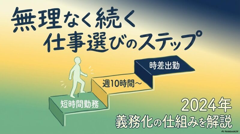 働き方のステップを登る人物のインフォグラフィック。この記事のテーマである「富山市 自分のペースで働ける場所」へ向けて、短時間勤務などの制度をステップとして活用するイメージを象徴する一枚。
