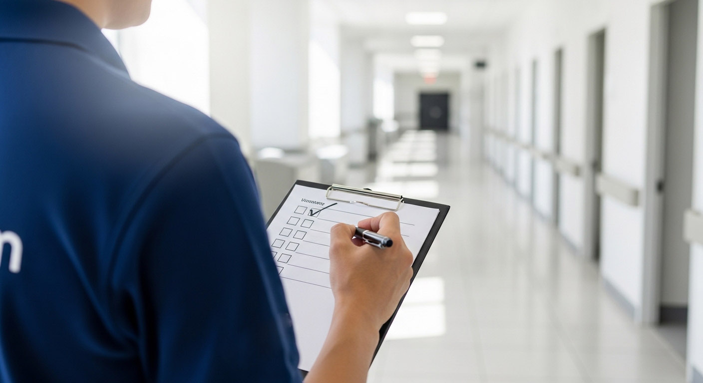 清掃作業の品質を管理するチェックリストと細部まで確認するスタッフの様子