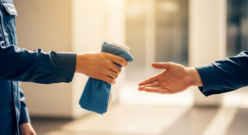 就労継続支援A型事業所のスタッフによる真面目で丁寧な清掃作業と連携の様子