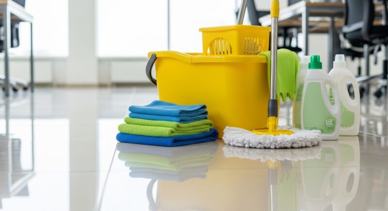 浴室や床清掃に使用するプロ仕様の清掃道具一式とピカピカに磨かれた床